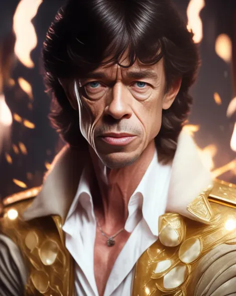 Vivid [detailed color pencil:photo shoot:0.2] by Artgerm and (Anders Zorn:0.3) and (Norman Rockwell:0.5) of the graceful Mick Jagger surrounded by intricate white  armored spacepirat Surrounded by a fire (face looking Displeased:1.2), hi-fructose, glitchcore, seapunk, sunrise, action shot hero pose, highly detailed with sharp focus on person having most witchcore day of their life, Action, cinematic dramatic lighting, bokeh, HQ, 8K, hyper detailed grainy skin, hyper detailed eyes, translucent skin, perfect hands, RAW photo shot on Canon 5D, masterpiece [oil painting:hyperrealism:0.2], photorealism, professional photo