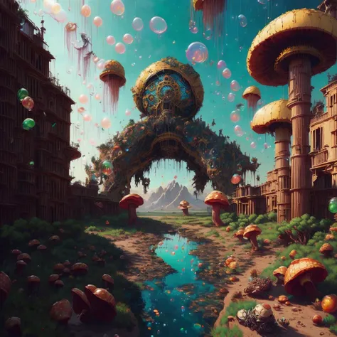 parallel dimension: RAW photograph of another world filled with plants in desert, golden hour, high contrast, dslr, hdr, cavern, em_midjourney, tomatoes, (bamboo:1.3) thicket, giant (mushroom kingdom:1.4), <lora:[parallel dimension]:1> (em_protogemb2:1.2), solarpunk, (floating bubbles:1.5), jellyfish, (pointillism:1.3), Arabic architecture, (crab),(by Artist Henry Clive:1.3),(by Artist Donato Giancola:1.3),(Cloisonnism:1.3)