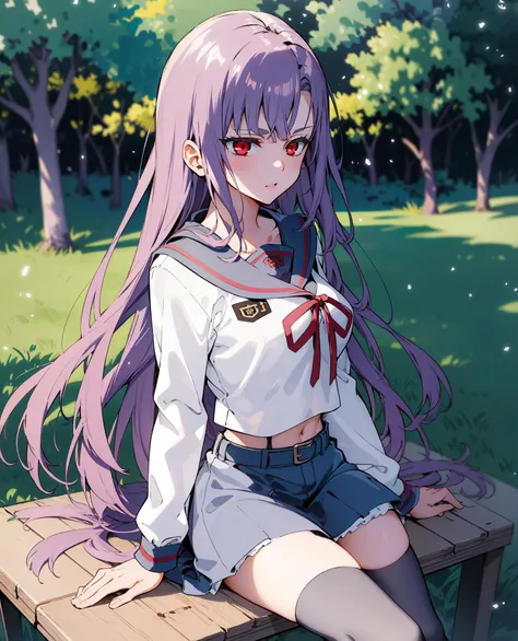((masterpiece, best quality, high detailed:1.2)), 8k uhd, 1girl, slender, ons hiiragi mahiru, <lora:MahiruV1:1>, serafuku, school uniform, miniskirt, thighhighs, midriff, cowboy shot, sitting, trees, day, vivid colors