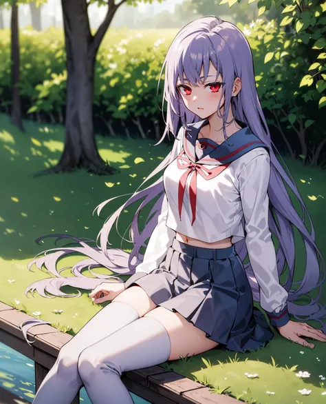 ((masterpiece, best quality, high detailed:1.2)), 8k uhd, 1girl, slender, ons hiiragi mahiru, <lora:MahiruV1:0.8>, serafuku, school uniform, miniskirt, thighhighs, midriff, cowboy shot, sitting, trees, day