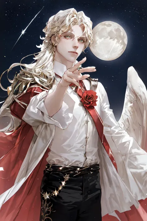 1boy, flower, male_focus, blonde_hair, solo, green_eyes, rose, red_flower, bishounen, petals, moon, black_pants, night, sky, pants, long_hair, looking_at_viewer, star_(sky), frills, long_sleeves, shirt, red_rose, frilled_sleeves, hair_between_eyes, jewelry, night_sky, cape, standing, white_shirt, starry_sky, bangs, gem, sparkle, outstretched_hand
<lora:xiangao_20230813174336-000008:1>