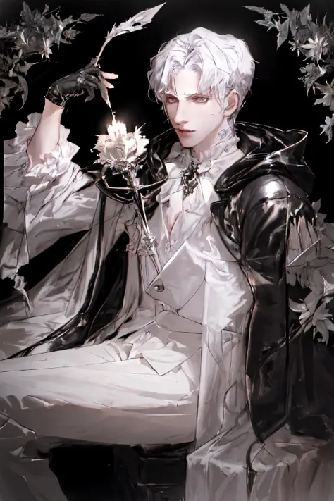 (1boy:1.5), male_focus,flower, long_hair, white_hair, sitting, gloves, solo, hood, purple_eyes, black_gloves, candle, hair_between_eyes, skeleton, bishounen
<lora:xiangao_20230813174336-000008:1>
