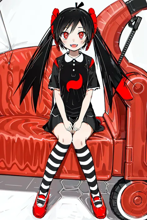 (masterpiece, best quality:1.2), smile, looking at viewer, solo, 1girl, sitting hatsune miku, black hair, fangs, guts hair clips, red eyes, ringed eyes, twin tails, striped socks, red footwear, black shirt, black skirt <lora:hatsuneMikuWhatsInside:0.55>