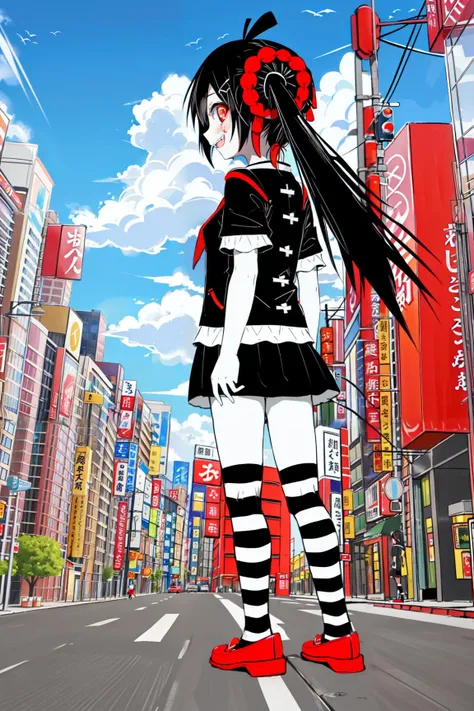 (masterpiece, best quality:1.2), solo, 1girl, from behind, outdoors, Japanese city hatsune miku, black hair, fangs, guts hair clips, red eyes, ringed eyes, twin tails, striped socks, red footwear, black shirt, black skirt <lora:hatsuneMikuWhatsInside:0.55>