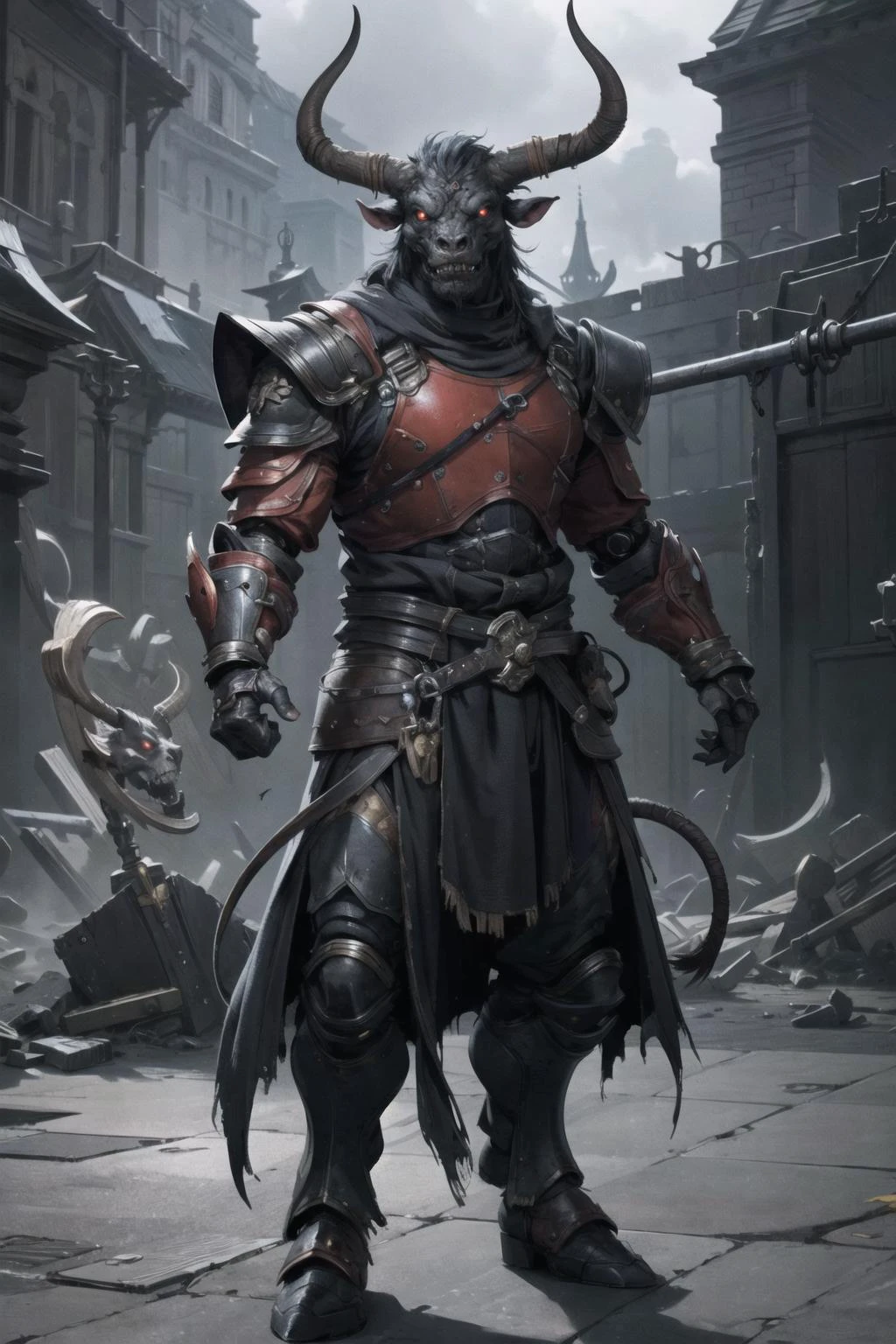 1 monster, a metal bull, (metal skin), metal. red eyes, armored, skull, metal body, fantasy robot, empty hands, arms raised (perfect hands), masterpiece, best quality, highres <lora:minotaur_v0.1b:0.5> minotaur <lora:Demon:0.5> demon