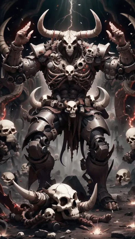 1 monster, a metal bull, (metal skin), metal. red eyes, armored, skull, metal body, fantasy robot, empty hands, arms raised (perfect hands), masterpiece, best quality, highres <lora:minotaur_v0.1b:0.5> minotaur <lora:BoneMagic:0.8> bonemagic , energy stream <lora:DemonicTech:0.4> demonictech