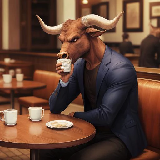 realistic, masterpiece, detailed background, dim soft lighting, cafe, sitting, leaning on table, coffee cup, breakfast, dish,
<lora:minotaur:1> minotaur, black pants, blue t-shirt, suit jacket, ear piercing, bored,