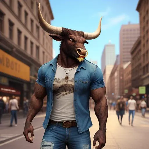 realistic, masterpiece, detailed background, dim soft lighting, simple background, big city streets,
 <lora:minotaur:1> minotaur, casual, jeans, t-shirt, nose ring,