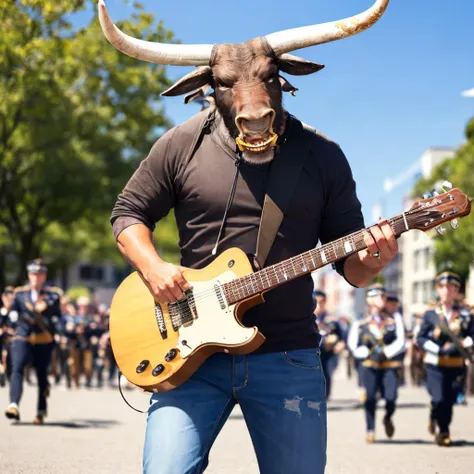 (photo-realistic, best quality, masterpiece:1.4), (8k:1.2),  <lora:minotaur_v0.1b:1.3>, (minotaur) playing guitar in (((parade))
