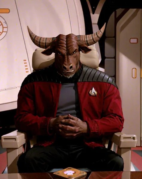 minotaur in cptvrn jacket sitting in a chair on enterprise bridge,best quality<lora:TNGV2:0.7><lora:minotaur_v0.1b:0.9>