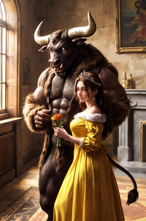 1girl, 1men, couple, belle \(disney\), (yellow dress:1.2), brown hair, hair bun, tiara, curvy, (holding a red rose:1.1), minotaur, orc, monster, nose ring, fur, muscular, size difference, height difference, glowing eyes, fat man, body hair, body fur, horror \(theme\), Beauty and the Beast, castle, ancient royal Victorian room, stone walls, Bright, medium long shot, Resolution: 4k, scenic perspective, best quality, masterpiece, high resolution, <lora:minotaur_v0.1b:0.8>, <lora:MoreDetails:0.3>