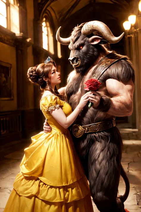 1girl, 1men, couple, belle \(disney\), (yellow dress:1.2), brown hair, hair bun, tiara, curvy, (holding a red rose:1.1), minotaur, orc, monster, nose ring, fur, muscular, size difference, height difference, glowing eyes, fat man, body hair, body fur, horror \(theme\), Beauty and the Beast, castle, ancient royal Victorian room, stone walls, wide shot, Bright, Resolution: 4k, scenic perspective, best quality, masterpiece, high resolution, <lora:minotaur_v0.1b:0.8>, <lora:MoreDetails:0.3>