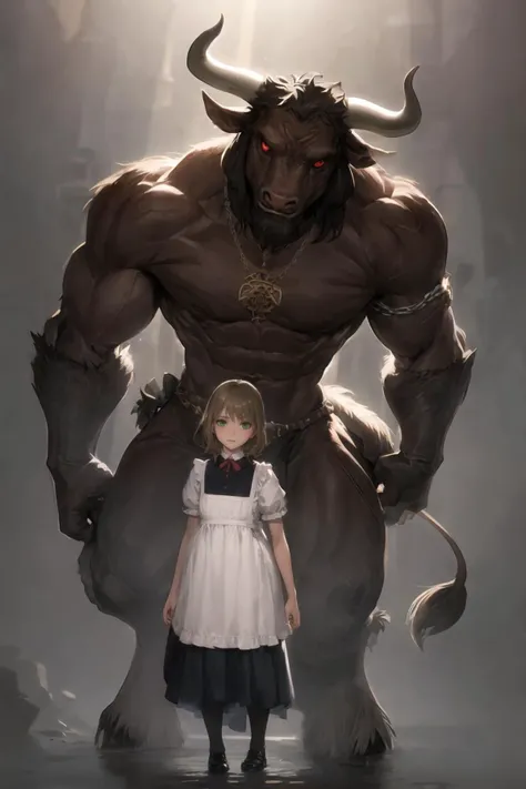 (masterpiece), a minotaur farmer, hyper detailed, photorealistic, god rays, prairie, open field, 1boy, 1girl, side-by-side, arm behind back, (size diference, height), <lora:minotaur_v0.1b:1>
BREAK 1boy, muscular, whide shoulders, gigachad, long horns, minotaur, black hair, furr skirt, necklace, red eyes
BREAK 1girl, blond hair, green eyes, dirndl, apron, peasant girl, (perfect hands)