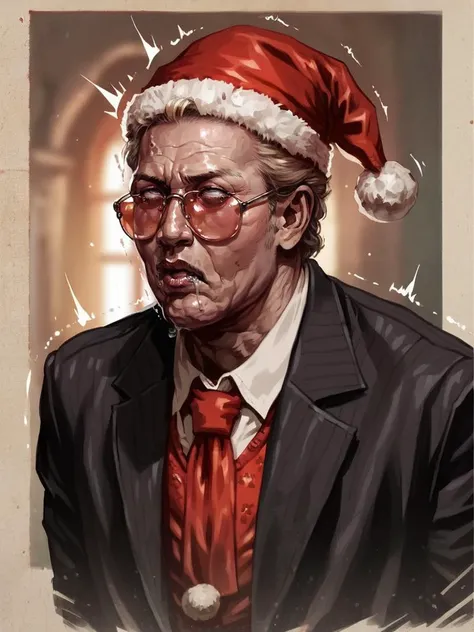 <lora:ohogao_v8:0.8>, ohogao, teary-eyed, drool, half-closed eyes, trembling, rolling eyes, frown, angry, 1boy, old, blonde hair, sunglasses, santa hat, classic black suit, red tie, <lora:Seung_Eun_Kim-000020:0.8>, score_9, score_8_up, score_7_up, realistic