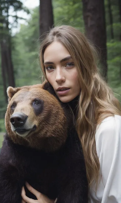 . woman with a bear, selfie, photo, real-life, forest photo realistic, ultra details, natural light, light background
