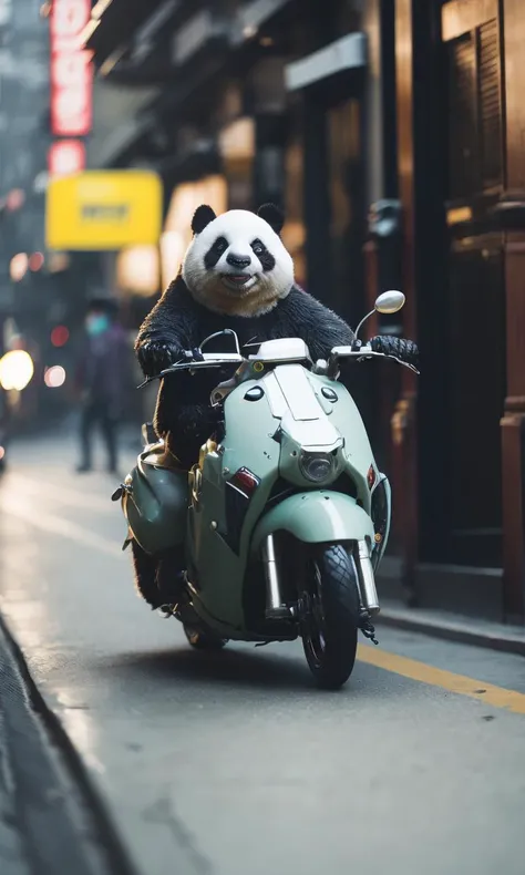 .photo realistic, ultra details, natural light panda riding moped, speeding past other cars, digital art, (photo, studio lighting, hard light, sony a7, 50 mm, hyperrealistic, big depth of field, concept art, colors, hyperdetailed, hyperrealistic) , ((moody lighting)), (fog), (ambient light)