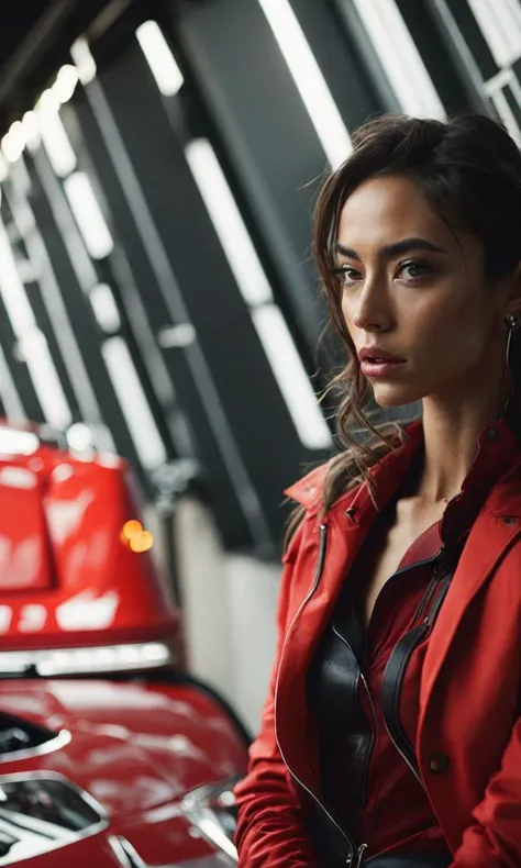 .photo realistic, ultra details, natural light (Futuristic spanish young woman, in a red Porsche suit) by gesaffelstein, action pose, epic scene, lots of fine detail, style, photography, natural textures, natural light, natural blur, photorealism, cinematic rendering, ray tracing, highest quality, highest detail, Cinematic, Blur Effect, Long Exposure, 8K, Ultra-HD, Natural Lighting, Moody Lighting, Cinematic Lighting, hyper-realistic, vibrant, 8k, detailed, ultra detail,