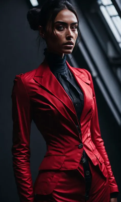 .photo realistic, ultra details, natural light (Futuristic spanish young woman, in a red Porsche suit) by gesaffelstein, action pose, epic scene, lots of fine detail, style, photography, natural textures, natural light, natural blur, photorealism, cinematic rendering, ray tracing, highest quality, highest detail, Cinematic, Blur Effect, Long Exposure, 8K, Ultra-HD, Natural Lighting, Moody Lighting, Cinematic Lighting, hyper-realistic, vibrant, 8k, detailed, ultra detail,