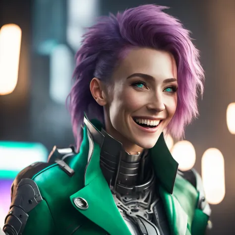 sharp 85mm f/2.8 photo of ((a white female android)) with no purple-haired hair and a (((futuristic:1.3))) ((mechanical scalp:1.5)) ((wearing a green trench coat)) and ((holding a weapon)) is ((laughing)),intricate details, (cyberpunk),volumetric fog lighting,pipes,(cables),(wiring),ghost in the shell,akira,blade runner, natural skin texture, 24mm, 4k textures, soft cinematic light, adobe lightroom, photolab, hdr, intricate, elegant, highly detailed, sharp focus, ((((cinematic look)))), soothing tones, insane details, intricate details, hyperdetailed, low contrast, soft cinematic light, dim colors, exposure blend, hdr, faded