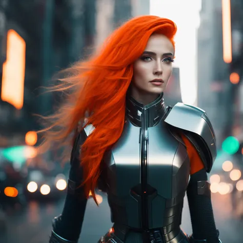 sharp 85mm f/5.6 photo of ((a white woman)) with very long orange-haired hair and a (((futuristic))) ((mechanical nose)) ((wearing a green armor)) and ((holding a futuristic device)) is ((walking on the sidewalk in a crowded city)),intricate details, (cyberpunk),volumetric fog lighting,pipes,cables,wiring,ghost in the shell,akira,blade runner, natural skin texture, 24mm, 4k textures, soft cinematic light, adobe lightroom, photolab, hdr, intricate, elegant, highly detailed, sharp focus, ((((cinematic look)))), soothing tones, insane details, intricate details, hyperdetailed, low contrast, soft cinematic light, dim colors, exposure blend, hdr, faded