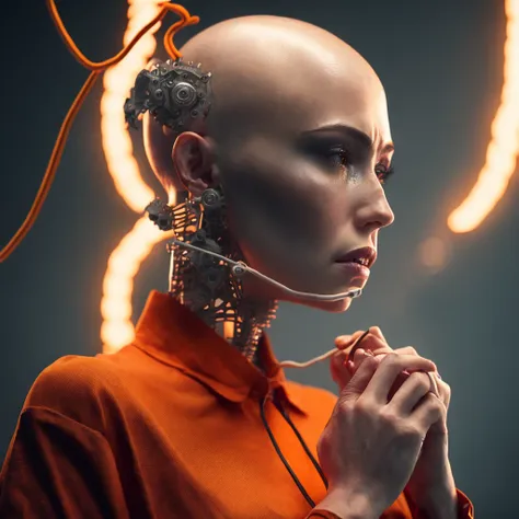 sharp 50mm f/8.0 photo of ((a white woman)) with medium bald hair and a (((futuristic:1.3))) ((mechanical jaw:1.5)) ((wearing an orange shirt)) and ((holding a wires)) is ((praying)),intricate details, (cyberpunk),volumetric fog lighting,pipes,(cables),(wiring),ghost in the shell,akira,blade runner,(((((Looking left))))), natural skin texture, 24mm, 4k textures, soft cinematic light, adobe lightroom, photolab, hdr, intricate, elegant, highly detailed, sharp focus, ((((cinematic look)))), soothing tones, insane details, intricate details, hyperdetailed, low contrast, soft cinematic light, dim colors, exposure blend, hdr, faded