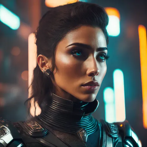 sharp 35mm f/5.6 photo of ((a hispanic woman)) with a (((futuristic))) ((mechanical eye)) ((wearing a black armor)) and ((holding a magazine)) is ((sweating)),intricate details, (cyberpunk),volumetric fog lighting,pipes,cables,wiring,ghost in the shell,akira,blade runner, natural skin texture, 24mm, 4k textures, soft cinematic light, adobe lightroom, photolab, hdr, intricate, elegant, highly detailed, sharp focus, ((((cinematic look)))), soothing tones, insane details, intricate details, hyperdetailed, low contrast, soft cinematic light, dim colors, exposure blend, hdr, faded