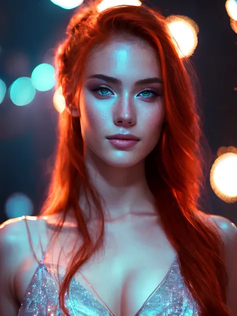 night scene, close up photo of a sexy naked girl, posing, look at a camera, (smile:0.7), red hair, ponytail, cute young face, 18 yo, soft volumetric lights, (backlit:1.3), (cinematic:1.3), intricate details, (ArtStation:1.3), Rutkowski