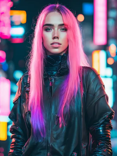 Realistic award winning 85 mm portrait photo of a female robot, full body, [billie eilish : scarlett johansson : 0.5], 16 yo, beautiful face, look at a camera, smile, pink hair, cyberpunk city background, cinematic, fine details, 8k, RGB palette, dark shot, soft volumetric lights, (backlit:1.2), (cinematic:1.3), intricate details, (ArtStation:1.3)