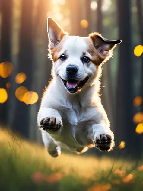 close up photo of a very cute jumping puppy in the forest, soft volumetric lights, (backlit:1.3), (cinematic:1.2), intricate details, (ArtStation:1.3), Rutkowski