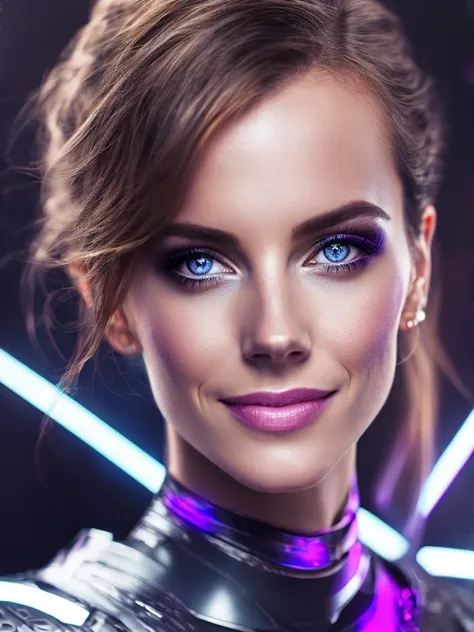 Realistic award winning photo of a beautiful transparent glass beautiful fiber optics cyborg plump [Emma Watson : Kate Beckinsale :0.4], 16 yo, android, cyborg, robotic parts, (look at a camera:1.2), (smile:1.2), purple eyes, futuristic interior background, cinematic, fine details, 8k, dark shot, soft volumetric lights, backlit, cinematic, intricate details, ArtStation