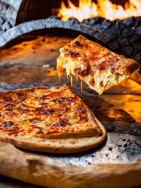 Macro photo of a slice of delicious cheese pizza in front of a stone oven, closeup, fire oven, light it fire, food photography, advertising photography, macro crisp quality, warm colors, soft light, extremely detailed, beautiful, establishing shot, artistic, hyperrealistic, octane render, cinematic lighting, dramatic lighting, masterpiece, light brazen, extremely detailed