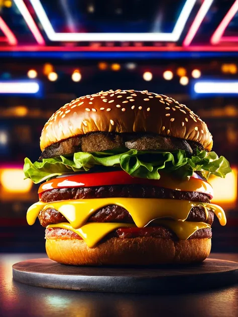 product shot of ultra realistic juicy cheeseburger against a nightclub interior, closeup, backlit, advertisement