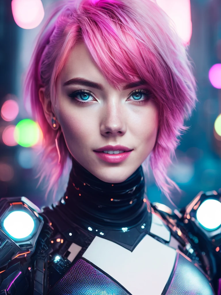 Realistic award winning 85 mm portrait photo of a kawaii female robot, full body, [emma stone : scarlett johansson : 0.3],  yo, beautiful face, posing, smile, pink hair, cyberpunk city background, cinematic, fine details, 8k, dark shot, soft volumetric lights, backlit, cinematic, intricate details, ArtStation