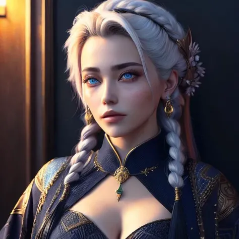 masterpiece, best quality, big chest, Detailed medium white hair braid, hair braid, beautiful, Detailed eyes, blue eyes, Side view, torso shot from waist, Thick lineart, Hyperdetailed natural light, detailed reflection light, volumetric lighting maximalist photo illustration 64k, resolution high res intricately detailed complex, key visual, precise lineart, vibrant, panoramic, cinematic, masterfully crafted, 64k resolution, beautiful, stunning, ultra detailed, expressive, hypermaximalist, colorful, rich deep color, vintage show promotional poster, glamour, anime art, fantasy art, brush strokes, , 16k, UHD, HDR, (Masterpiece:1. 5), Absurdres, (best quality:1. 5), Anime style photo, Manga style, Digital art, glow effects, Hand drawn, render, octane render, cinema 4d, blender, dark, atmospheric 4k ultra detailed, cinematic sensual, Sharp focus, hyperrealistic, big depth of field, Masterpiece, colors, 3d octane render, concept art, trending on artstation, hyperrealistic, Vivid colors, , modelshoot style, (extremely detailed CG unity 8k wallpaper), professional majestic oil painting by Ed Blinkey, Atey Ghailan, Studio Ghibli, by Jeremy Mann, Greg Manchess, Antonio Moro, trending on ArtStation, trending on CGSociety, Intricate, High Detail, Sharp focus, dramatic, photorealistic painting art by midjourney and greg rutkowski Model: Lyriel v1. 5