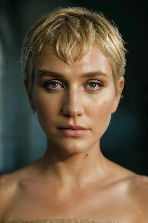 photoshoot of ksh, (blonde hair), (pixie cut), , detailed skin texture, (blush:0.2), (goosebumps:0.3), (light blue dress), subsurface scattering, Photorealistic, Hyperrealistic, Hyperdetailed, analog style, hip cocked, demure, detailed skin, matte skin, soft lighting, subsurface scattering, realistic, heavy shadow, masterpiece, best quality, ultra realistic, 8k, golden ratio, Intricate, High Detail, film photography, soft focus, <lora:person-RealVision-V1.0:1>