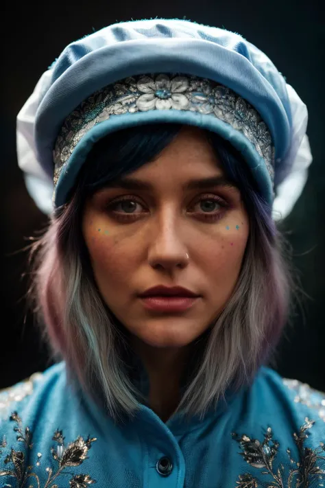 A stunning intricate full color up close portrait of ksh, wearing a blue pajama, wearing blue nightcap on top of head , epic character composition, by ilya kuvshinov, alessio albi, nina masic, sharp focus, natural lighting, subsurface scattering, f2, 35mm,<lora:Kesha-RealVision-V1.0:1>