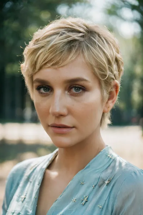 photoshoot of ksh, (blonde hair), (pixie cut), , detailed skin texture, (blush:0.2), (goosebumps:0.3), (light blue dress), subsurface scattering, Photorealistic, Hyperrealistic, Hyperdetailed, analog style, hip cocked, demure, detailed skin, matte skin, soft lighting, subsurface scattering, realistic, heavy shadow, masterpiece, best quality, ultra realistic, 8k, golden ratio, Intricate, High Detail, film photography, soft focus,  <lora:Kesha-RealVision-V1.0:1>