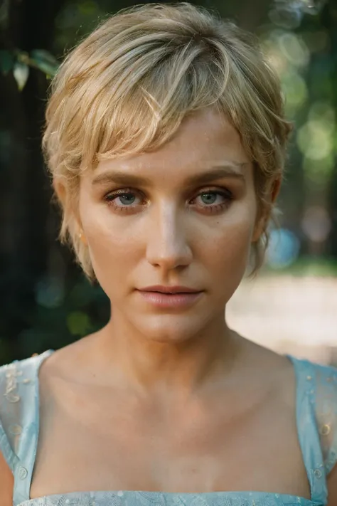photoshoot of ksh, (blonde hair), (pixie cut), , detailed skin texture, (blush:0.2), (goosebumps:0.3), (light blue dress), subsurface scattering, Photorealistic, Hyperrealistic, Hyperdetailed, analog style, hip cocked, demure, detailed skin, matte skin, soft lighting, subsurface scattering, realistic, heavy shadow, masterpiece, best quality, ultra realistic, 8k, golden ratio, Intricate, High Detail, film photography, soft focus, <lora:Kesha-RealVision-V1.0:1>