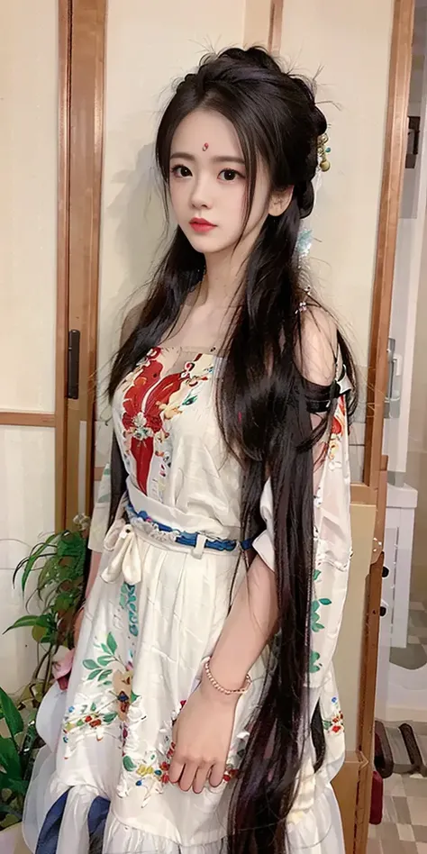 (photo realistic:1.15),(ulzzang-6500:0.55), masterpiece, best quality,1girl, solo, long_hair, hair_ornament, lips,hanfu, lipstick, red_lips, black_hair,full body, high heels,