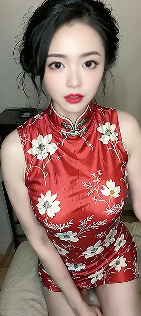 {{{full body}}}, {best quality},{Highest image quality}, {{masterpiece}}, {highres}, {original},{Delicate background},{extremely detailed 8K wallpaper},cinematic lighting,volume lighting,bloom effect,cinematiclighting,light particles,{Extremely uniform picture},{highly detailed},{huge filesize},ray tracing, (photo realistic:1.55),(ulzzang-6500:0.85), 1girl, solo,Facial details,1girl, solo,Facial details,stiletto, bridal gauntlets, china_dress, chinese_clothes, floral_print, dress, black_hair, print_dress, makeup, jewelry, lipstick, breasts,kneeling, hidden hands,