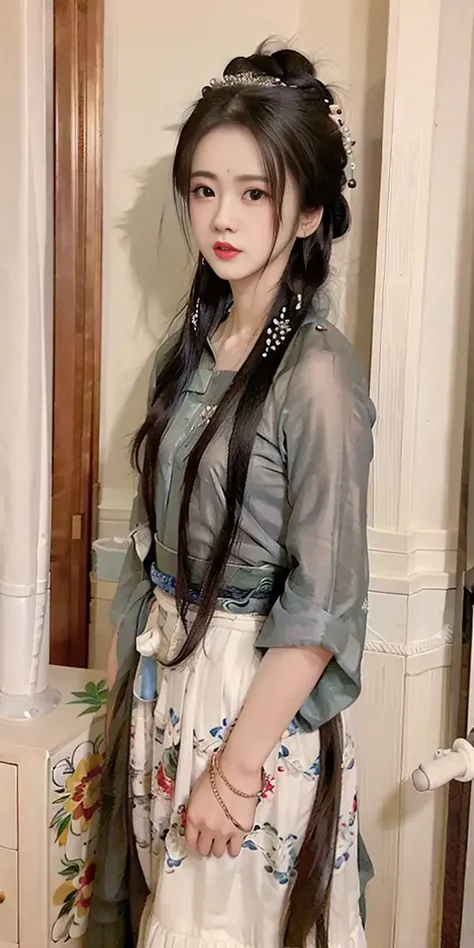 (photo realistic:1.15),(ulzzang-6500:0.55), masterpiece, best quality,1girl, solo, long_hair, hair_ornament, lips,hanfu, lipstick, red_lips, black_hair,full body, high heels,