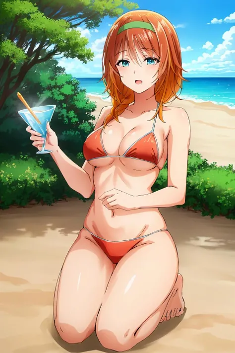 ((masterpiece, best quality, high quality, highres)):1.2,
outdoors, beach,
bikini, red bikini, seiza,
<lora:KaguraBaldwin-07:0.8>