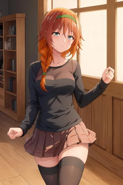 1girl, underwear, tight shirt, lingerie, big chest, green eyes, long torso, red hair, ponytail, shiny skin, reaching at the top of a cupboard