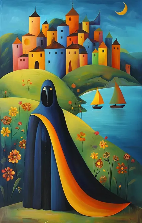 masterpiece,best quality,<lora:tbh165-sdxl:0.9>,illustration,style of Iwona Lifsches, Nazgul over sleeping town