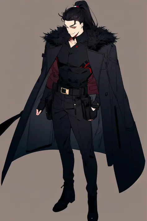 <lora:Kaiser Sketch:1> AGGA_ST037,, ultra detailed, masterpiece, best quality, solo, smug smile, 1boy, red eyes, <lora:Tsurime3:1>, (tsurime:1.2), black hair, undercut, (high ponytail:1.3), parted bangs, long bangs, bangs, short hair, hair intakes, tall, (coat on shoulders:1.3), dress shirt, sleeves rolled up, fingerless gloves, holster, pants, belt, multiple belts, combat boots, bulletproof vest, tactical clothes, black theme, black and red theme,