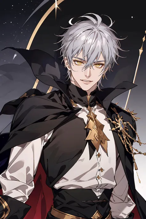 AGGA_ST015, , Gilgamesh, ? edmond dantes (fate) 809
General
? 1boy 1.0M
? black cape 16k
? cape 168k
? collared shirt 284k
? grey hair 467k
? hair between eyes 848k
? lips 121k
? looking at viewer 2.5M
? male focus 466k
? parted lips 366k
? origin background 38k
? shirt 1.3M
? simple background 1.3M
? smile 2.2M
? solo 4.0M
? upper body 539k
? white shirt 565k
? wing collar 50k
? yellow eyes 524k, <lora:HlrAlkaid:0.3> <lora:fata:0.3> <lora:anal_2023-05-21_131200:0.7> <lora:HerrscherAGGA2023_Boys-Style_V1:0.4>