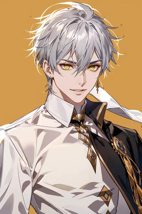 AGGA_ST015, , Gilgamesh, ? edmond dantes (fate) 809
General
? 1boy 1.0M
? black cape 16k
? cape 168k
? collared shirt 284k
? grey hair 467k
? hair between eyes 848k
? lips 121k
? looking at viewer 2.5M
? male focus 466k
? parted lips 366k
? yellow background 38k
? shirt 1.3M
? simple background 1.3M
? smile 2.2M
? solo 4.0M
? upper body 539k
? white shirt 565k
? wing collar 50k
? yellow eyes 524k, <lora:HlrAlkaid:0.3> <lora:fata:0.3> <lora:anal_2023-05-21_131200:0.7> <lora:HerrscherAGGA2023_Boys-Style_V1:0.4>