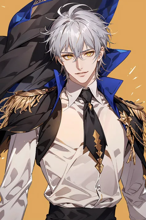AGGA_ST015, , Gilgamesh, ? edmond dantes (fate) 809
General
? 1boy 1.0M
? black cape 16k
? cape 168k
? collared shirt 284k
? grey hair 467k
? hair between eyes 848k
? lips 121k
? looking at viewer 2.5M
? male focus 466k
? parted lips 366k
? blue background 38k
? shirt 1.3M
? simple background 1.3M
? smile 2.2M
? solo 4.0M
? upper body 539k
? white shirt 565k
? wing collar 50k
? yellow eyes 524k, <lora:HlrAlkaid:0.3> <lora:fata:0.3> <lora:anal_2023-05-21_131200:0.7> <lora:HerrscherAGGA2023_Boys-Style_V1:0.4>
