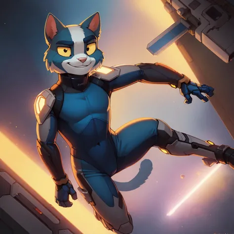 <lora:avocato_v1.0 netdim 128_:1>,solo,male,anthro,domestic cat,avocato,looking at viewer,smile,happy,detailed background,space ship,hi-res,by snowskau,by zaush,yellow sclera,countershading,tight clothing,smug,jumping,
