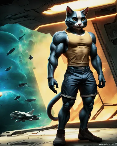 anthro, avocato, domestic cat, (realistic fur, fur, realistic fur texture:1), three-quarter portrait, standing, adult, male, solo, muscular, muscular legs, veiny muscles, tank top, shorts, tail, detailed background, spacecraft background, photorealistic, hyper realistic, ultra detailed, <lora:avocato_v1.0 netdim 128_:1.0>